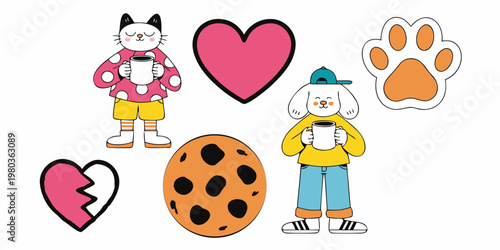 Cute cat and dog holding coffee cups with cookie and hearts