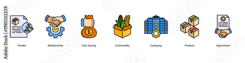 Procurement Essentials web banner icon vector illustration featuring Tender, Relationship, Cost Saving, Commodity, Company, Product, and Agreement for business and supply management.