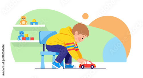 Young boy playing with toy car on floor in colorful room, surrounded by toys