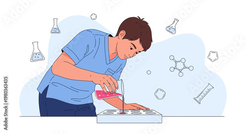 Young boy conducting a science experiment with colorful liquids in a lab setting