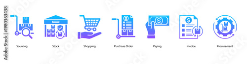 Purchasing and Documentation web banner icon vector illustration with Sourcing, Stock, Shopping, Purchase Order, Paying, Invoice, and Procurement for effective buying and financial processes.