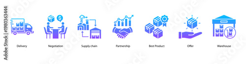 Supply Chain and Negotiation web banner icon vector illustration featuring Delivery, Negotiation, Supply Chain, Partnership, Best Product, Offer, and Warehouse in procurement operations.