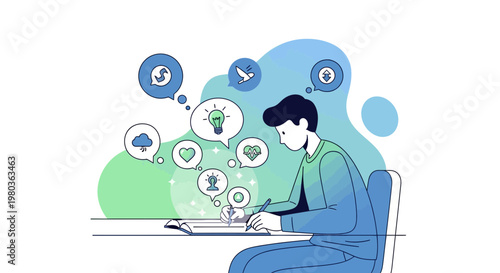 Young man brainstorming ideas, creativity, planning, and innovation concept