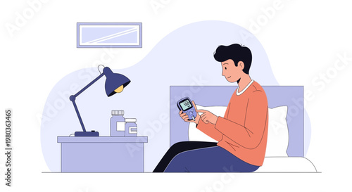 Young man checking blood glucose meter on bedside table with lamp and medicine bottles