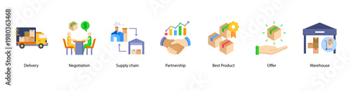 Supply Chain and Negotiation web banner icon vector illustration featuring Delivery, Negotiation, Supply Chain, Partnership, Best Product, Offer, and Warehouse in procurement operations.