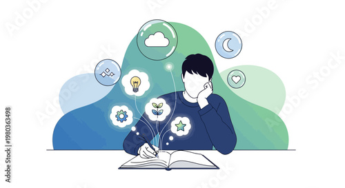 Young man dreaming and imagining ideas while reading a book, creative thinking