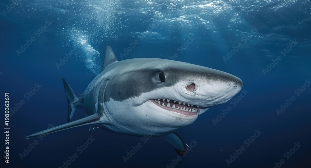 Fototapeta premium Thrilling close encounter with a shortfin mako shark underwater