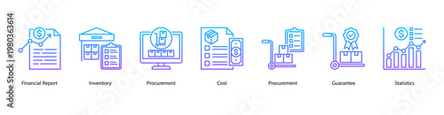 Financial and Inventory Control web banner icon vector illustration featuring Financial Report, Inventory, Procurement, Cost, Procurement, Guarantee, and Statistics for effective business management.