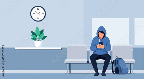 Young man in hoodie waiting in lobby with phone and backpack