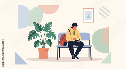 Young man reading a book on a bench in a waiting room with plants and abstract shapes