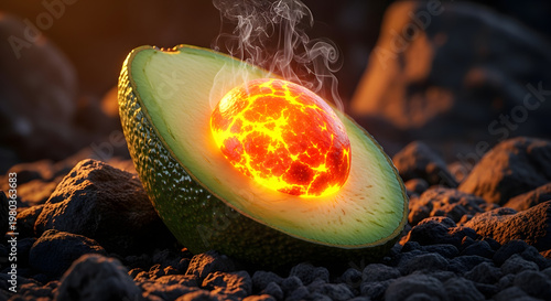 Surreal artistic concept of a sliced green avocado with a glowing molten lava core replacing the pit, smoking hot volcanic energy inside fruit on a dark rocky ground background.