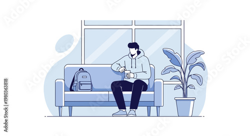 Young man sitting on sofa with backpack and coffee cup, waiting indoors