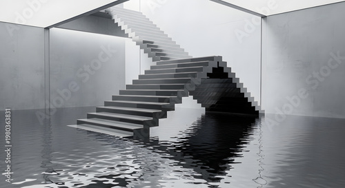 Surreal architectural composition of a double concrete staircase floating over dark rippling water in a minimalist white space, abstract conceptual art representing paths, choices, and reflections.
