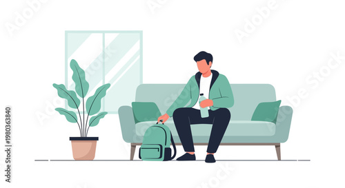 Young man sitting on sofa with backpack and water bottle, ready to go