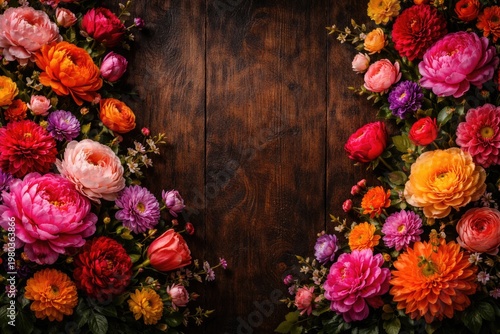 Vibrant flowers in full bloom with a richly textured dark wood backdrop and ample copy space
