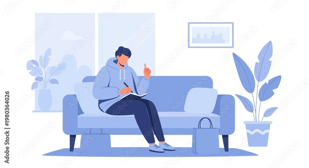 Obraz premium Young man writing in notebook on sofa at home, creative work, studying, planning