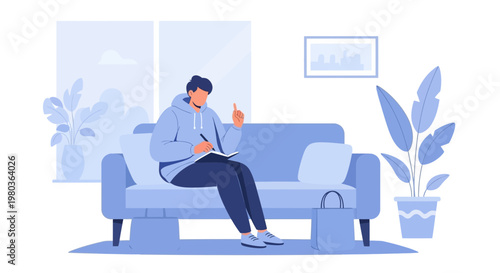 Young man writing in notebook on sofa at home, creative work, studying, planning