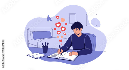 Young man writing in notebook with hearts floating, expressing creativity and passion