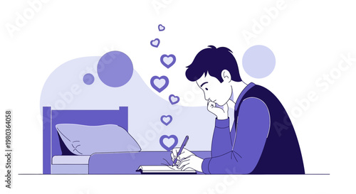 Young man writing love letter in bed, hearts floating, romantic thoughts, inspiration