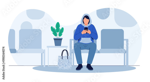 Young person in hoodie sitting in waiting room, looking at smartphone