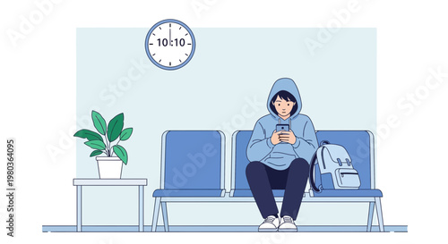 Young person in hoodie using smartphone while waiting in airport or station lounge