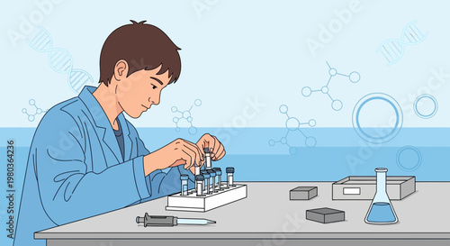 Young scientist working in laboratory with test tubes and scientific equipment