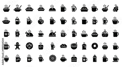 A collection of black and white icons featuring various food and drink items.