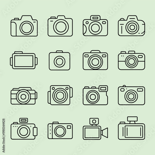 Black and white outline of various cameras vintage