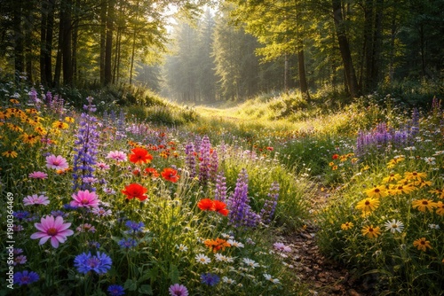 Wildflowers blooming vibrantly in a sunlit forest clearing