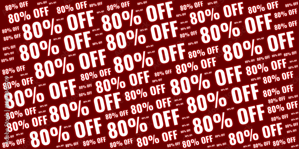 Fototapeta premium Abstract pattern of 80 percent off text in bold white font on a red background. Ideal for big clearance sales, massive discount promotions, and retail marketing banners.