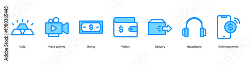 Digital Payment and Delivery web banner icon vector illustration featuring Gold, Video Camera, Money, Wallet, Delivery, Headphone, and Online Payment.