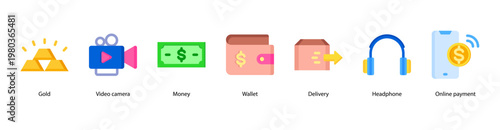 Digital Payment and Delivery web banner icon vector illustration featuring Gold, Video Camera, Money, Wallet, Delivery, Headphone, and Online Payment.