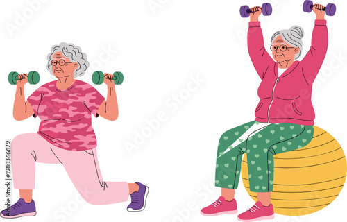 Active Senior Women Exercising with Dumbbells and Fitness Ball for Healthy Aging Wellness Program and Elderly Physical Therapy Vector Illustration Set