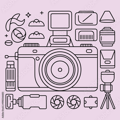 Monochrome of camera with symbols lens shutter flash