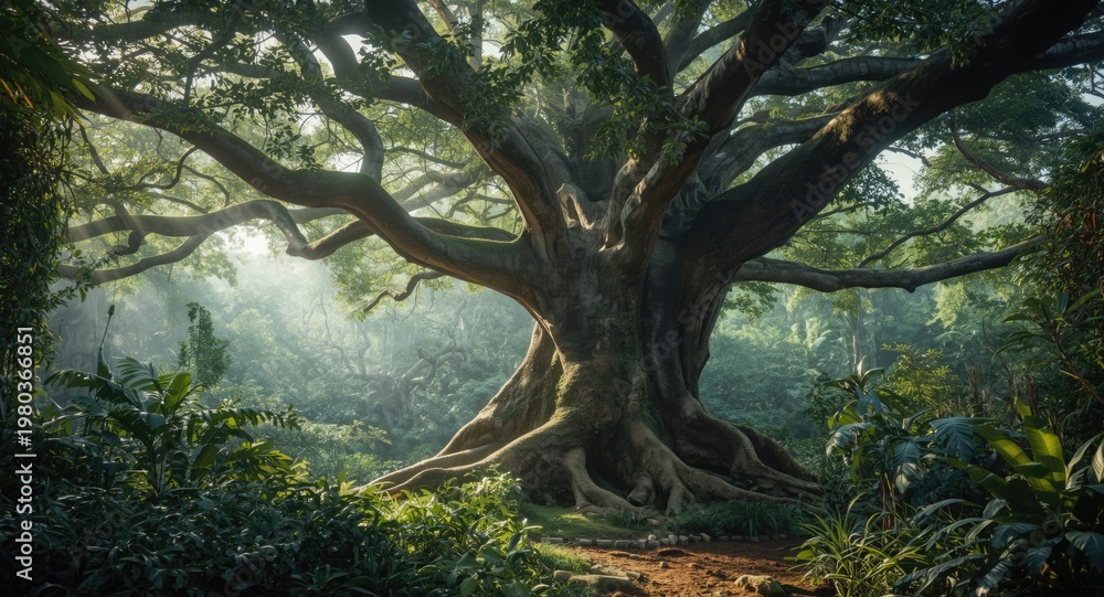 Fototapeta premium Travel site with a large tree thriving in a vibrant jungle ecosystem