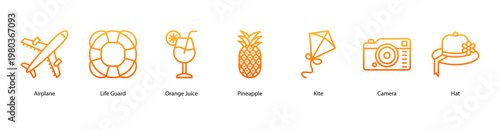 Tropical Adventure web banner icon vector illustration featuring Airplane, Life Guard, Orange Juice, Pineapple, Kite, Camera, and Hat for a vibrant summer holiday.