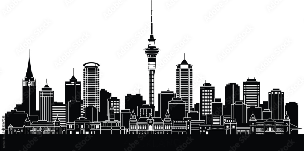 Obraz premium Auckland city skyline black silhouette illustration, featuring Sky Tower, urban skyscrapers, and New Zealand landmarks, maritime harbor landscape, isolated, vector.