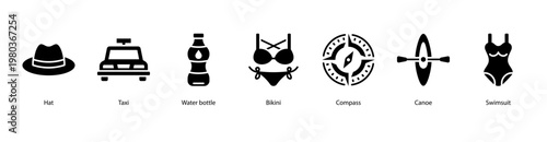 Summer Lifestyle web banner icon vector illustration featuring Hat, Taxi, Water Bottle, Bikini, Compass, Canoe, and Swimsuit for tropical beach adventures.