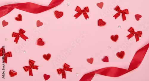 Valentines Day flat lay featuring small red bows and romantic decorations