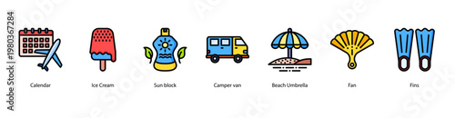 Holiday Planner web banner icon vector illustration featuring Calendar, Ice Cream, Sun Block, Camper Van, Beach Umbrella, Fan, and Fins for a complete summer trip.