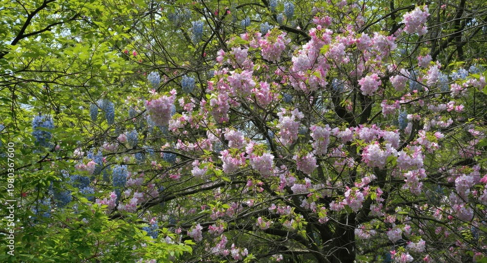Obraz premium Spring bloom of lively pink and blue flowers intertwined with leafy green trees