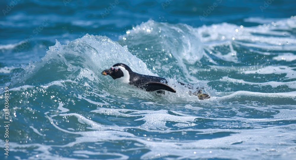 Fototapeta premium Vibrant Magellanic penguin gliding through ocean waves on sunny day
