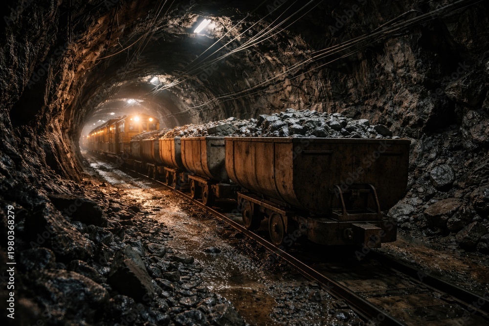 Fototapeta premium Subterranean mining railway system transporting extracted minerals