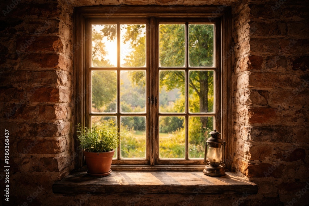 Fototapeta premium Rustic window pane capturing natural light and outdoor scenery with brick wall frame