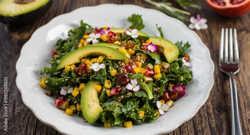 Leafy green salad featuring kale avocado corn pomegranate and floral accents