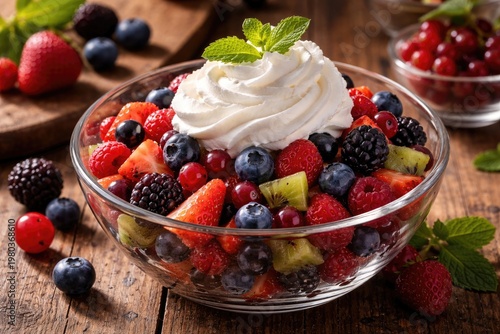 Fresh mixed berry fruit salad topped with whipped cream served in a clear glass bowl on a rustic wooden table