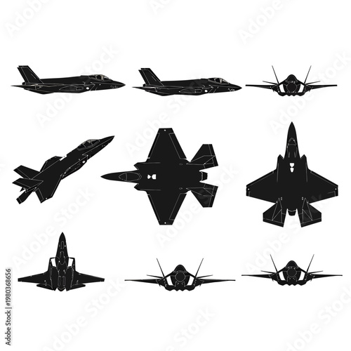 Modern Stealth Fighter Jet Silhouettes, F-35 Military Aircraft Vector Set
