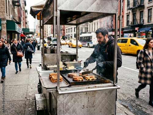 New York City street food vendor preparing grilled cheese sandwiches on busy sidewalk