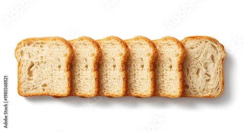 Slices of classic loaf bread set on a white background featuring clipping path and shadow free style