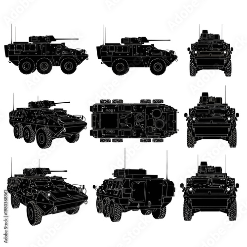 Wheeled Armored Personnel Carrier APC Silhouettes, Tactical Military Vehicle